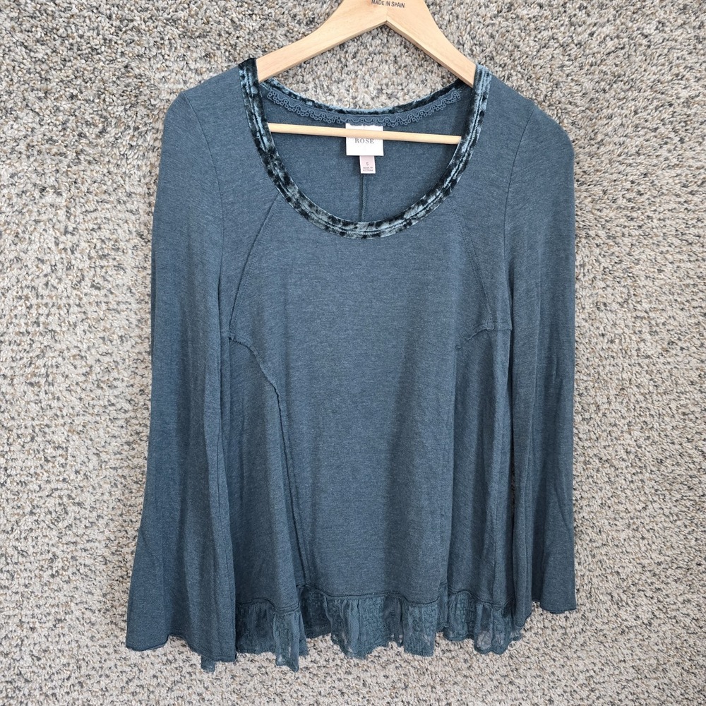 Knox Rose Top Womens Small Teal Scoop Neck Velvet Trim Ruffle Hem Stretch Casual